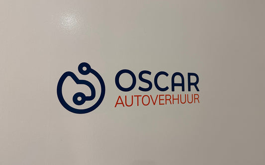 Contoursticker met oranje en blauw logo 300x80